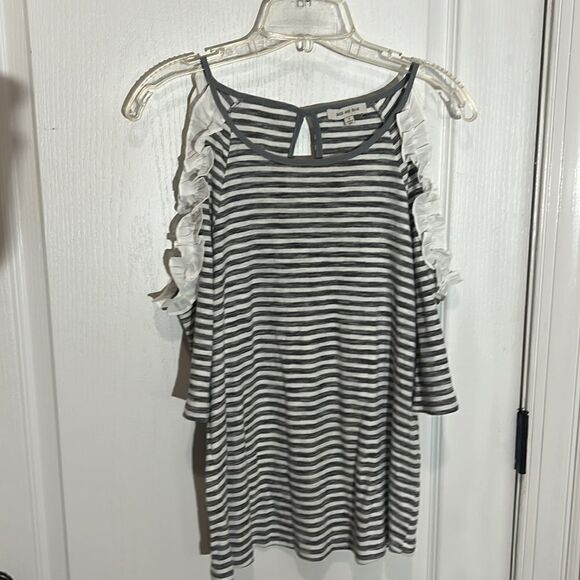 Skies are Blue Gray Striped cold shoulder with lace detail - Picture 1 of 6